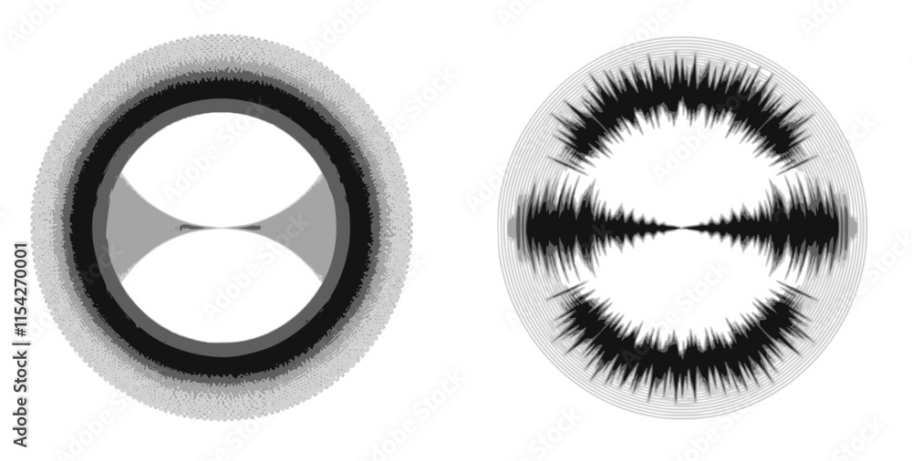 Poster black radial sound wave line pattern set. circular audio, music or voice icon collection. linear und