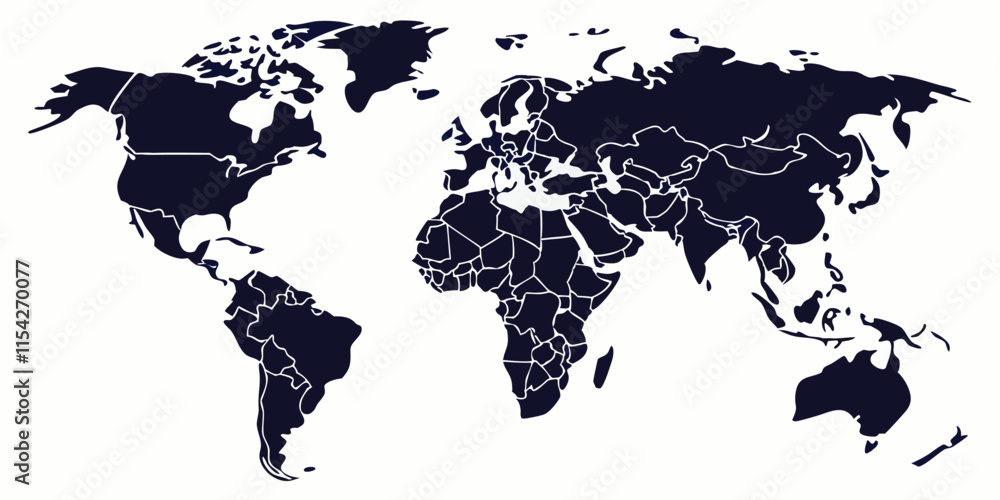 Poster World map vector illustration showcasing geographical boundaries and regions from different continents in a modern design