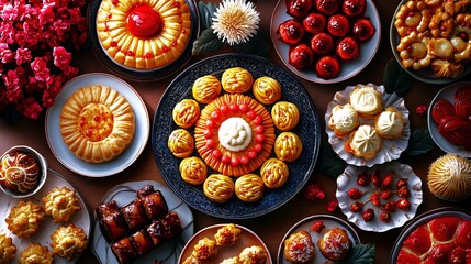 Overhead view of traditional Chinese New Year desserts intricately arranged a table with soft natural lighting