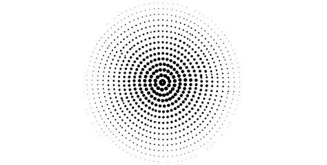 Radial halftone dots. Spotted and dotted stains gradient background. Concentric comic texture with fading effect. Black and white rough gritty wallpaper. Grunge monochrome geometric backdrop. Vector