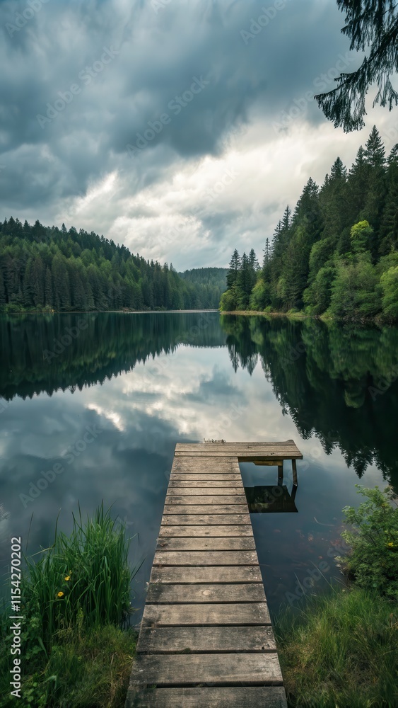 Poster serene lake bordered by dense forest under a cloudy sky with a wooden dock extending into the water.