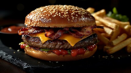 Delicious Bacon Cheeseburger with French Fries