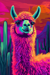 Throw pillow Vibrant neon alpaca in a surreal desert landscape at sunset