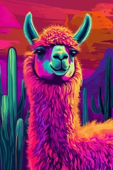 Gordijnen Vibrant neon alpaca in a surreal desert landscape at sunset © Irina