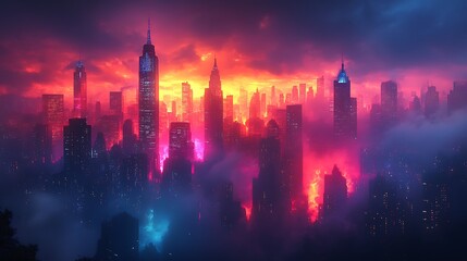 Fototapeta premium Cityscape at Sunset Neon Lights Glow Brightly
