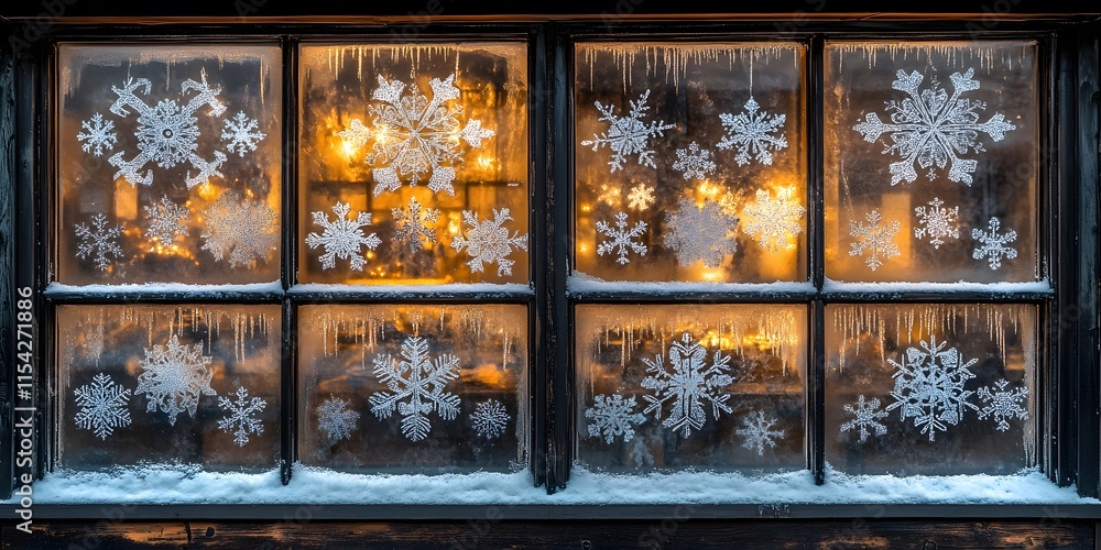 Poster frosted windowpanes adorned with snowflake patterns, illuminated by warm interior lights. icicles ha