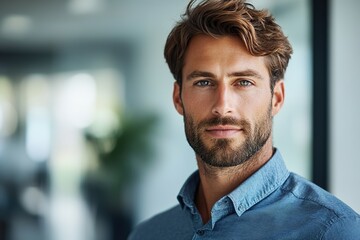 Obraz premium Confident man with stylish hair poses in modern office environme