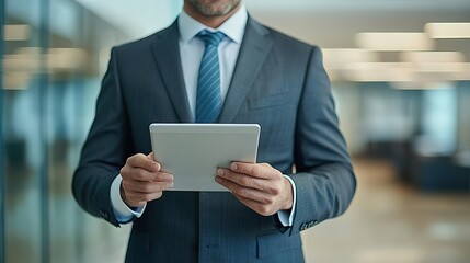 Professional man in suit holds tablet, engaged in modern busines