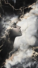 abstract art background or wallpaper with face, cracks and smoke