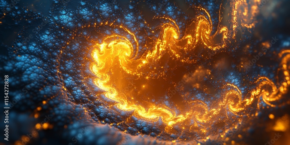 Poster fractal forms weaving together in radiant, patterns. generative ai