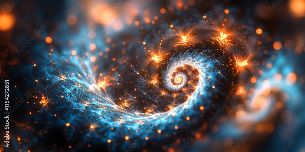 Poster fractal forms weaving together in radiant, patterns. generative ai