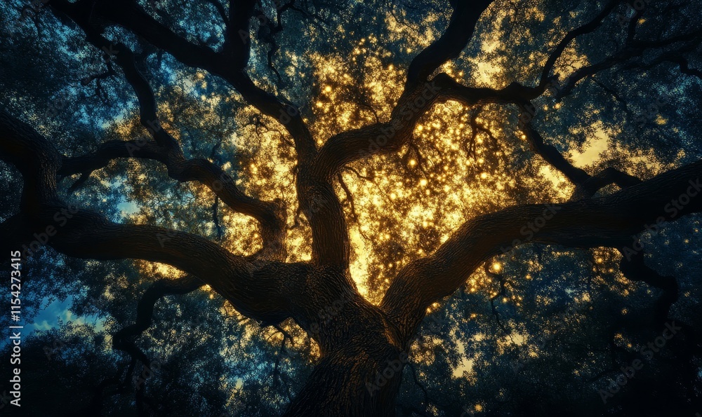 Poster trees growing with intricate, patterns of light. generative ai
