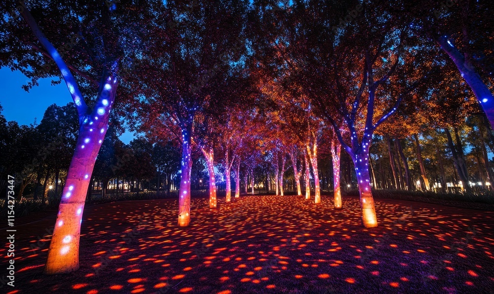 Poster trees growing with intricate, patterns of light. generative ai