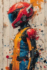 comic strip illustration combining oil paiinting, watercolour and inked outlines abstract details splashes of dynamic paint and ink , action movies robot cop