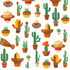 Colorful Mexican Cactus and Sombrero Pattern Vector Illustration