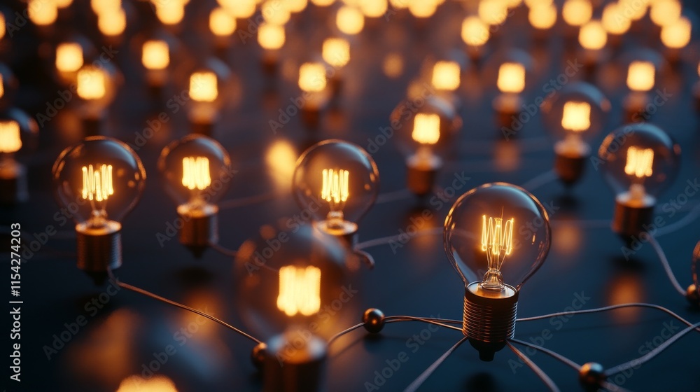 Poster numerous glowing lightbulbs arranged in neat rows on a dark surface, casting a warm and inviting glo