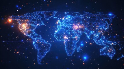 A stunning digital rendering of the world map, showcasing global connectivity with glowing nodes and lines against a deep blue, star-speckled backdrop.