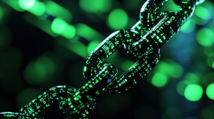 Close-up of a chain with glowing green binary code.  Intricate details and dark background create a mysterious, technological feel.