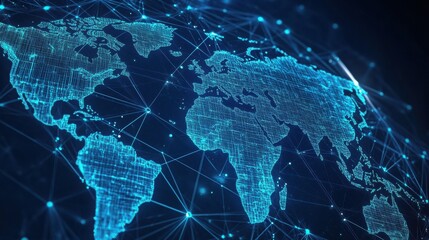 A digital rendering of the world map, illuminated with vibrant blue lines that connect continents, symbolizing global interconnectedness and networking.