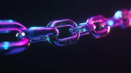 Close-up of a metallic chain, glowing with vibrant purple and blue hues against a dark background.  The links are intricately detailed, creating a futuristic and technological aesthetic.