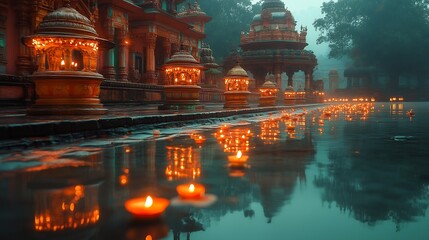 Serene scene of a temple courtyard lit with rows of oil lamps casting soft reflections on the ground