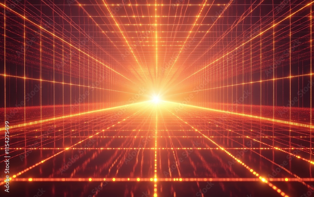 Poster bright lines flashing across a grid structure. generative ai