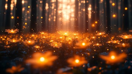 Naklejka premium Glowing Flowers Illuminated In A Magical Forest