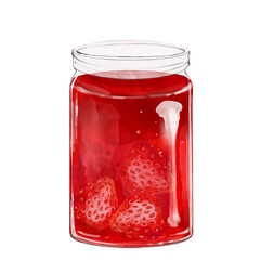 Glass jar with jam. Strawberry dessert. Hand drawn illustration
