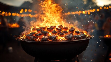 Flaming Grill Cooking Delicious Meat Cubes Outdoors