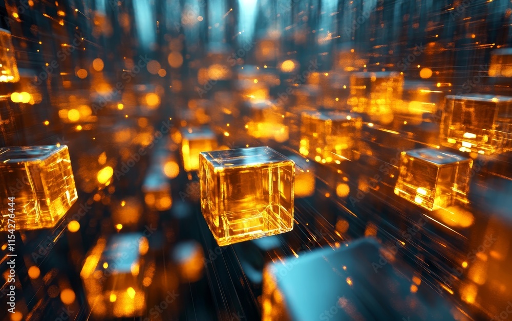 Poster cubes in a rhythmic, fractal motion. generative ai