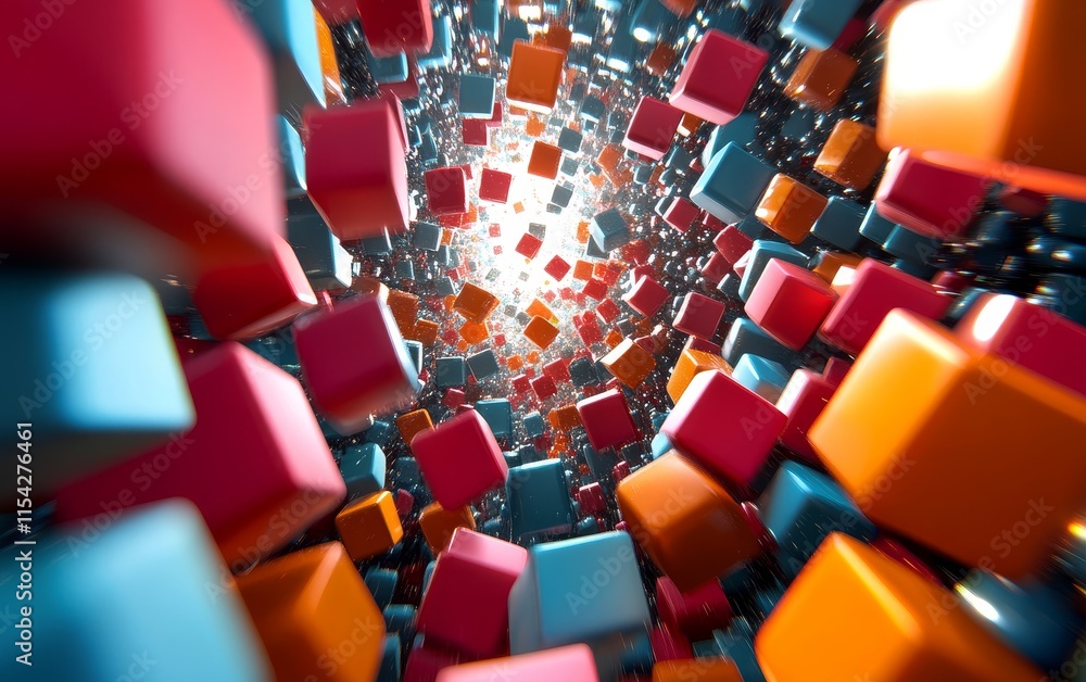 Poster cubes in a rhythmic, fractal motion. generative ai