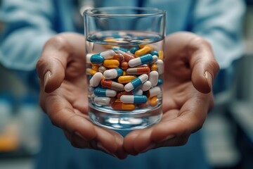 Healthcare Harmony: Close-Up Hands Holding Medication and Water Glass for Optimal Wellness, Pharmaceutical Treatment and mental health treatment, Generative AI
