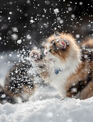 Two fluffy cats play in a heavy snowfall, with one cat's paw raised amidst the falling snow.