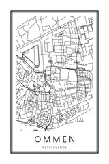 Printable downtown road map poster of the Dutch city of OMMEN on solid white background with city name