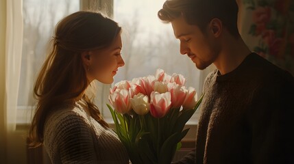 A young man presents a bouquet of pink and white tulips to his girlfriend by a sunlit window.  A romantic moment filled with love and affection.