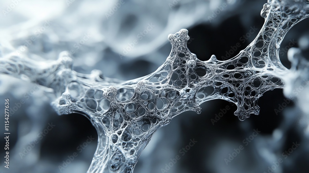 Poster liquid forms merging into fractal designs. generative ai