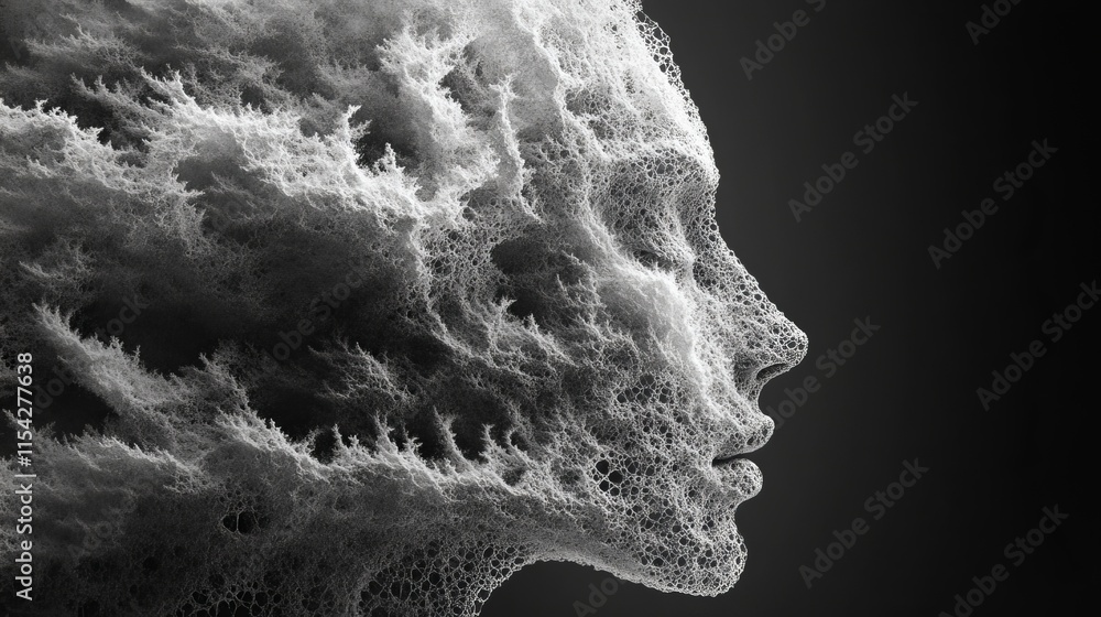 Poster liquid forms merging into fractal designs. generative ai
