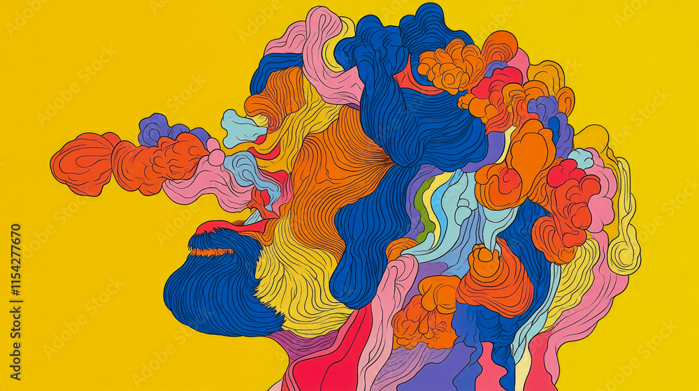 Poster abstract colorful portrait with fluid forms on yellow background