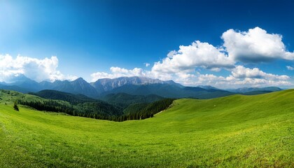 nature panorama with inexperienced meadows blue sky with clouds and mountains in the heritage conventional inexperienced panorama generative ai