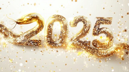 Radiant golden snake forming the year 2025 with glowing festive elements