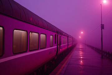 Fototapeta premium vintage passenger train, misty platform, dawn light