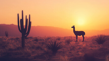 Silhouette of llama in desert sunset with cactus and mountains