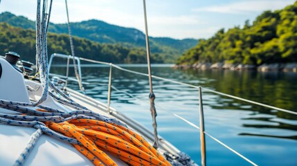 Fototapeta premium An invigorating sailing adventure on a serene lake, Sailing gear and yacht prepared for navigation, Nautical leisure style