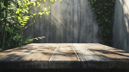 Sun-Dappled Wooden Table Mockup: Lush Greenery Background Photo. AI Generated