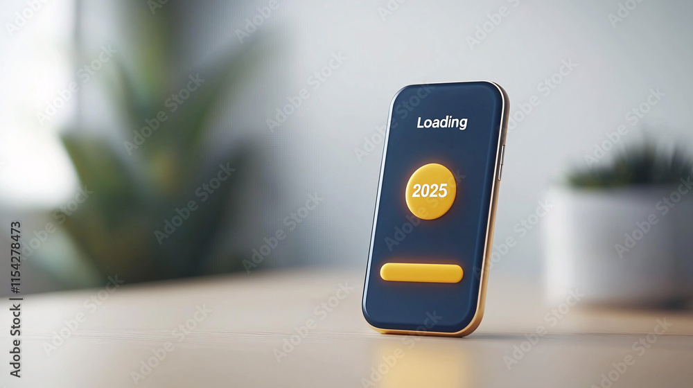 Poster 2025 is loading... a minimalist 3d render of a smartphone screen displaying a futuristic loading bar