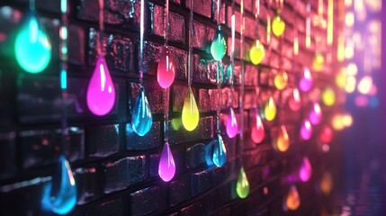 An artistic display of neon-colored liquid drops trickling down a dark brick wall, creating an eye-catching contrast between vivid colors and a textured urban surface, evoking a sense of futuristic