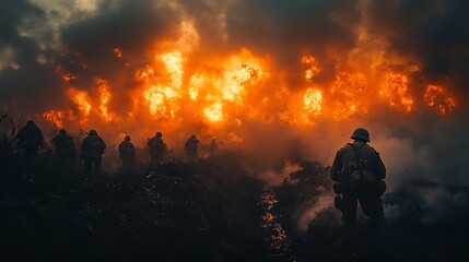Fototapeta premium Soldiers Advance Through Fiery Battlefield Inferno