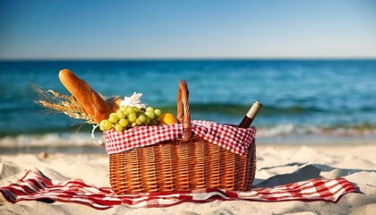 checkered blanket with picnic basket and merchandise on sunny seashore