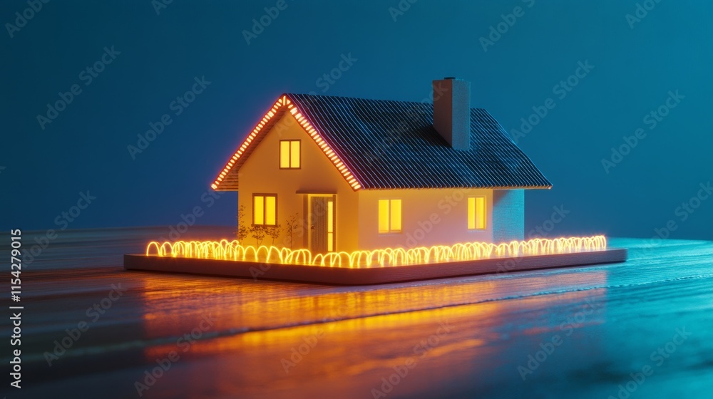 Poster a 3d rendered image of a smart home model with a glowing fence and warm orange lights. symbolizes ho