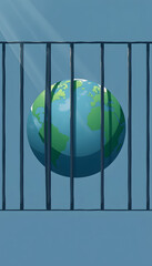 Planet earth behind prison bars.  illustration, minimalism, with white tones